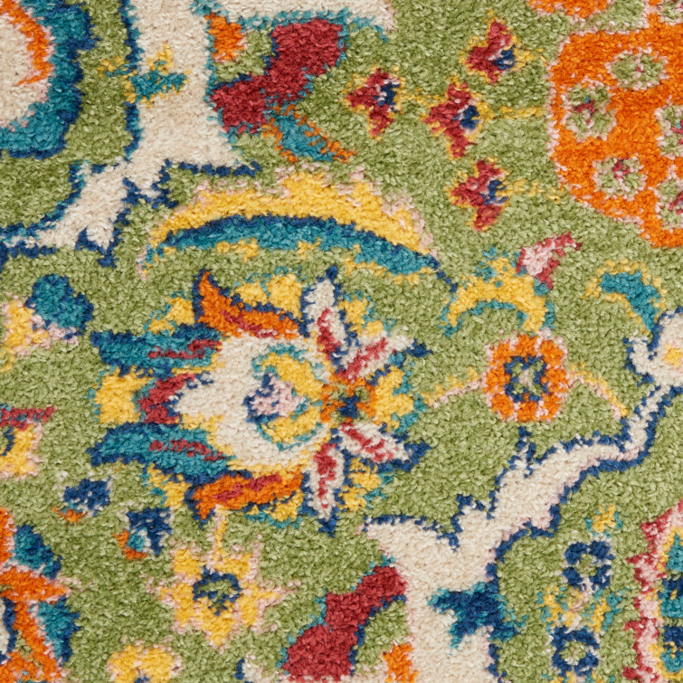 Large Green Floral Machine Woven Performance Rug