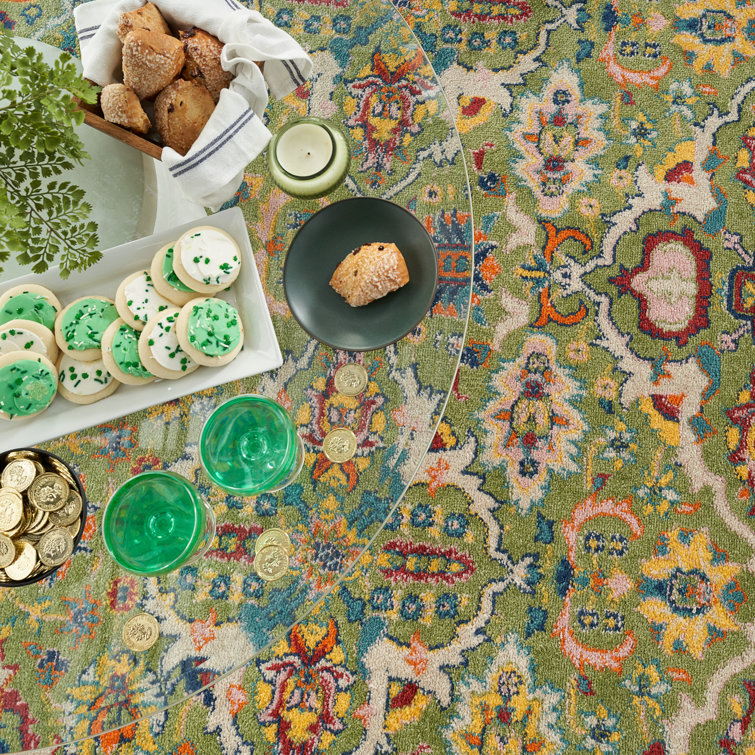 Large Green Floral Machine Woven Performance Rug