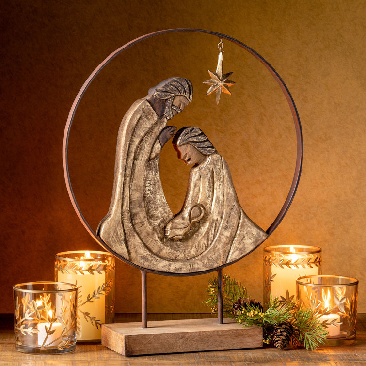 Gold and Brown Metal and Wood Nativity Sculpture