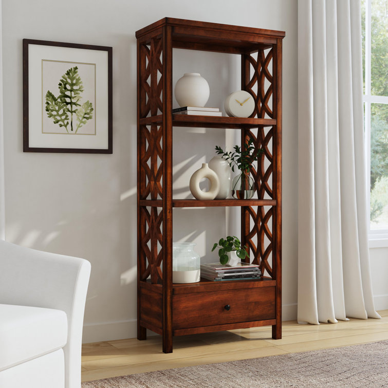 Lorena 30"W Beige Wood 3-Tier Etagere Bookcase with Drawer
