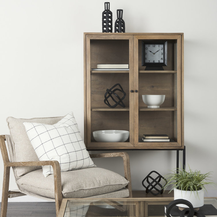 Light Brown Wood and Glass Curio Cabinet with Metal Base
