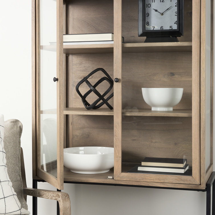 Light Brown Wood and Glass Curio Cabinet with Metal Base