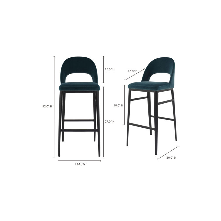 Contemporary Teal Velvet & Metal Counter Stool, 16.5"W