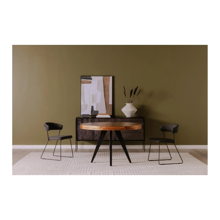 Rustic Acacia Wood Parquet Round Dining Table with Black Legs