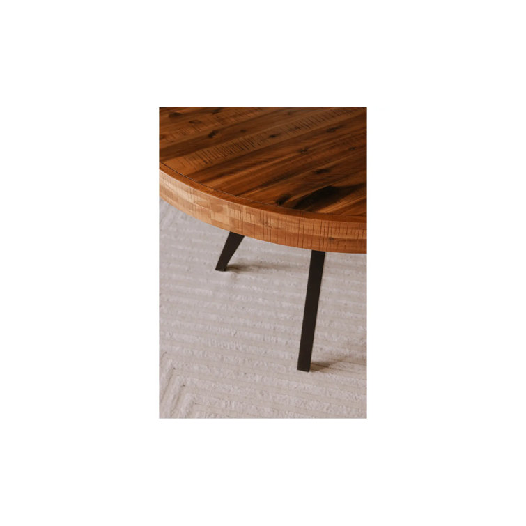 Rustic Acacia Wood Parquet Round Dining Table with Black Legs