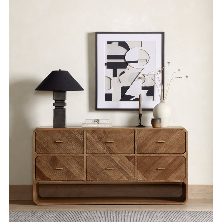 Black Ash Veneer 6-Drawer Dresser with Brass Handles