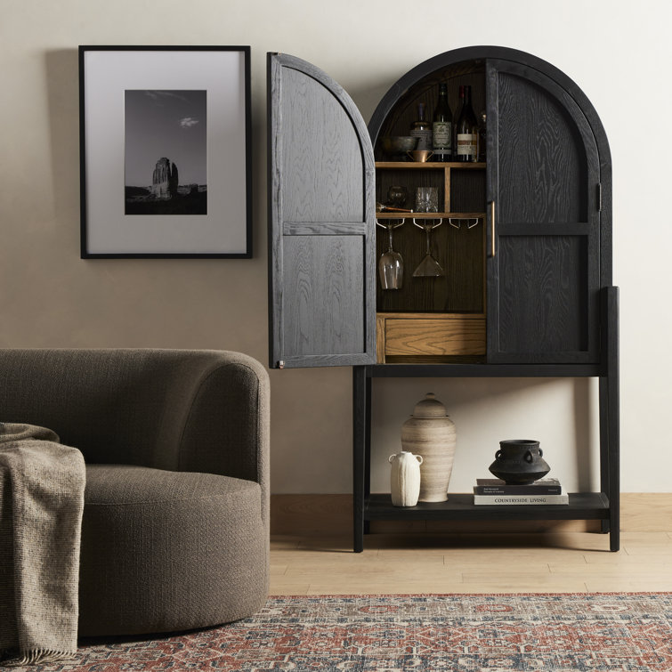Drifted Oak and Antique Brass Arched Bar Cabinet
