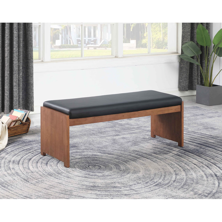 Walnut and Black Faux Leather Dining Bench