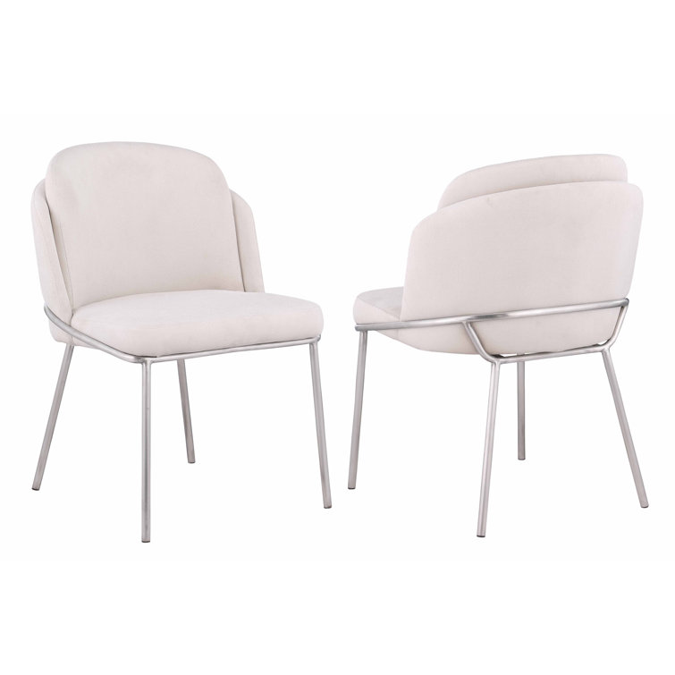 Kamila White Fabric Upholstered Side Chair with Brushed Stainless Steel Legs