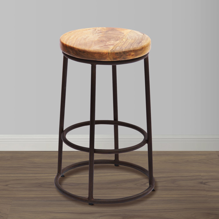 Circular Mango Wood and Iron 24'' Counter Stool in Brown and Black