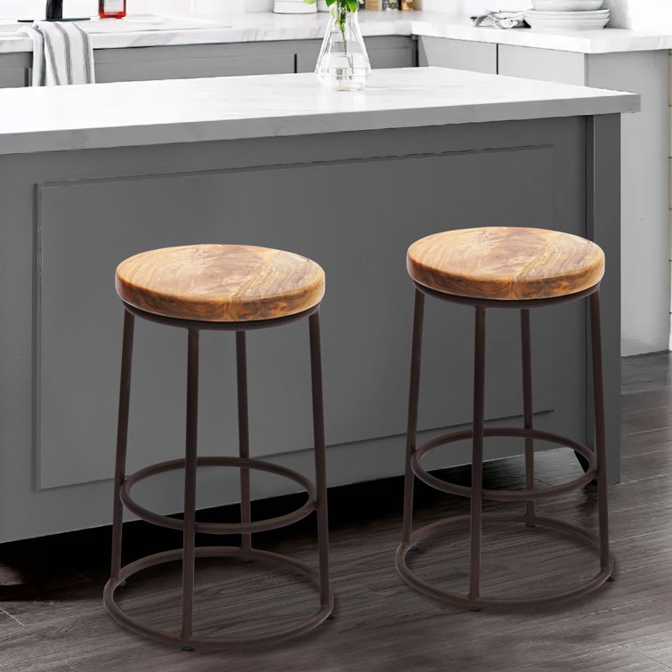 Circular Mango Wood and Iron 24'' Counter Stool in Brown and Black
