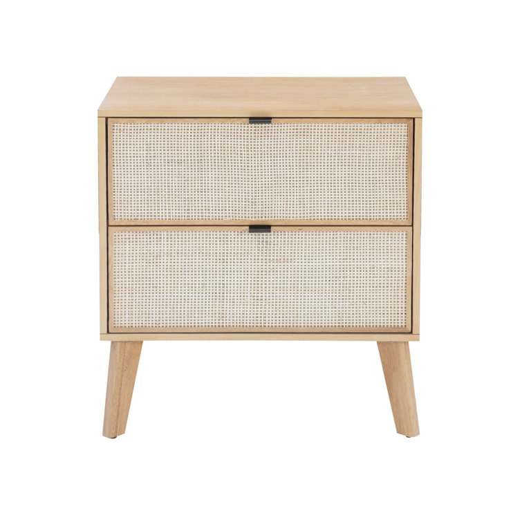 Natural Wood 2-Drawer Nightstand with Woven Cane Panels
