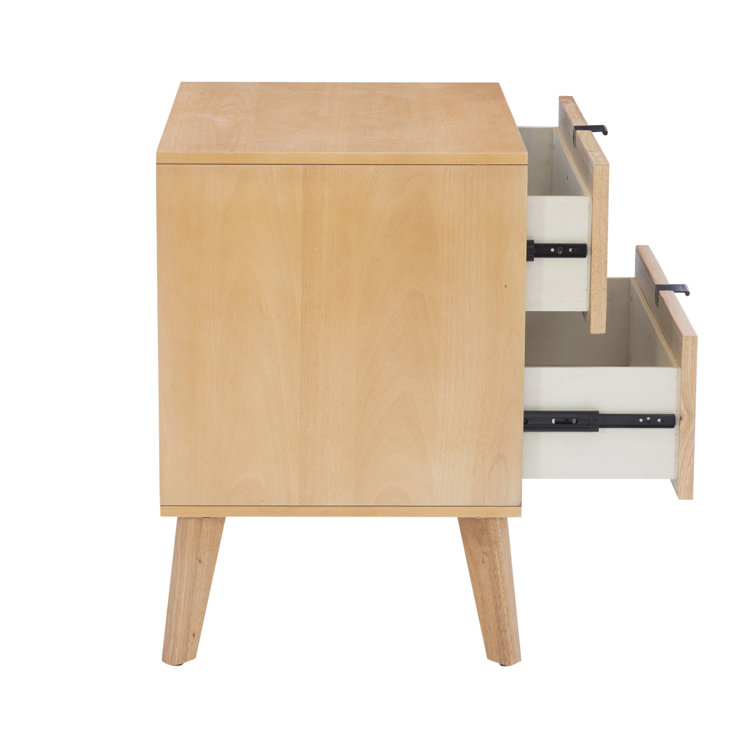Natural Wood 2-Drawer Nightstand with Woven Cane Panels