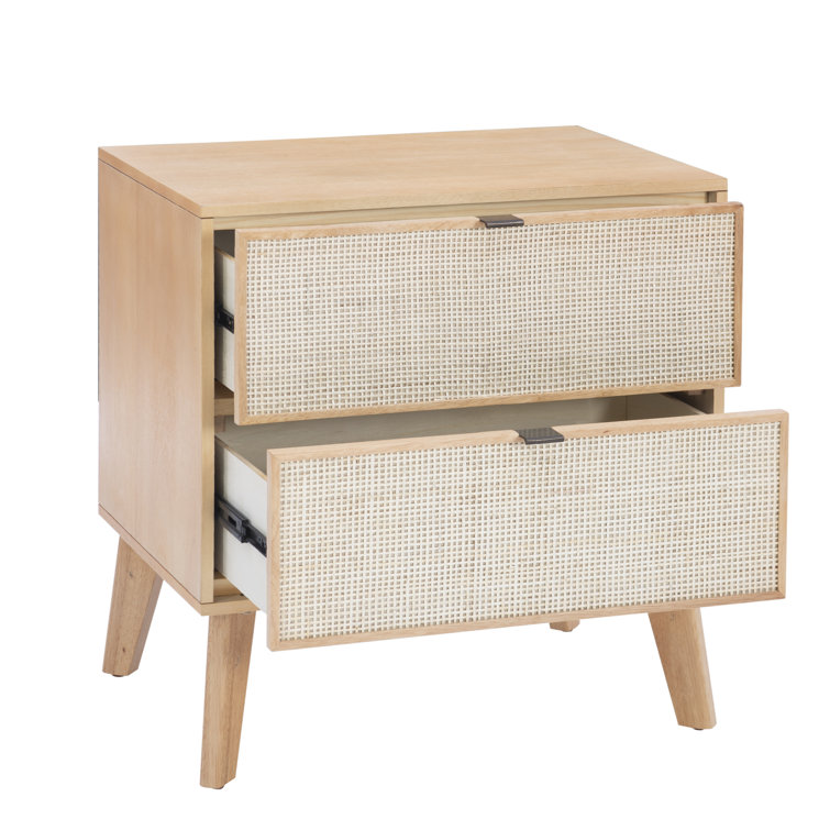 Natural Wood 2-Drawer Nightstand with Woven Cane Panels