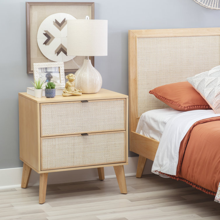 Natural Wood 2-Drawer Nightstand with Woven Cane Panels