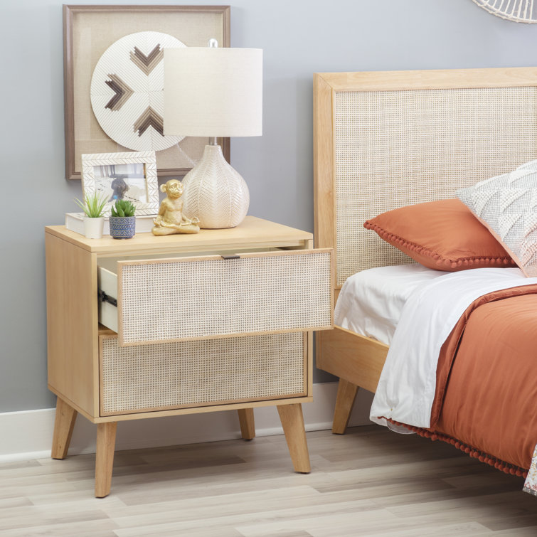 Natural Wood 2-Drawer Nightstand with Woven Cane Panels