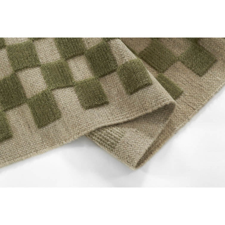 Beige and Olive Green Wool Checkered 10' x 14' Rug