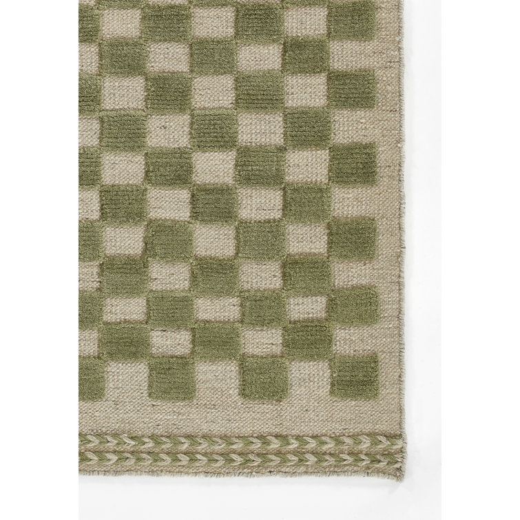 Beige and Olive Green Wool Checkered 10' x 14' Rug
