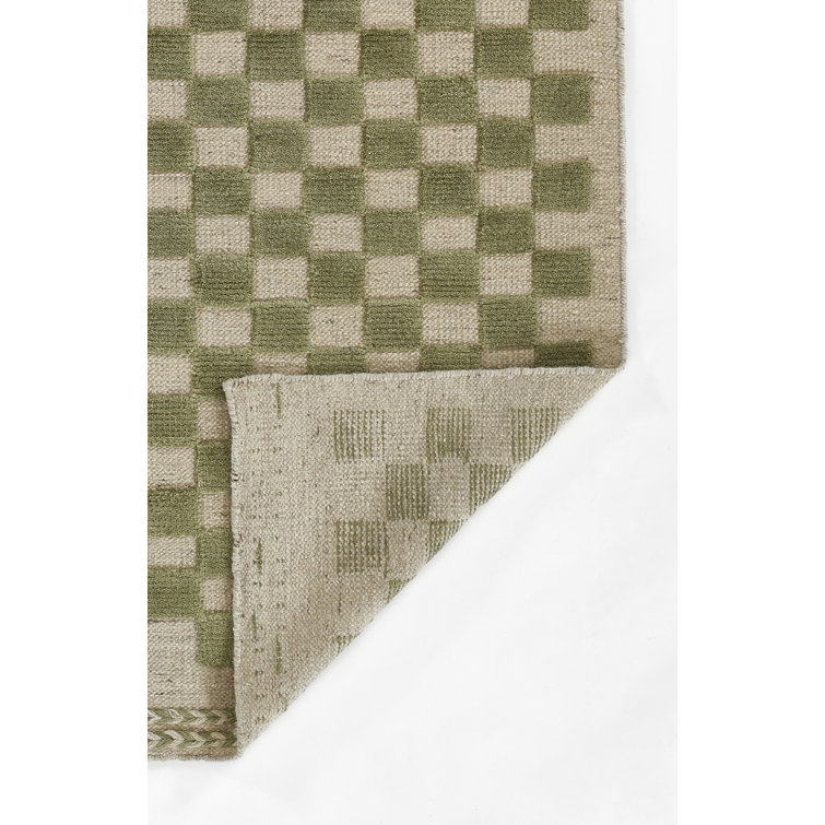 Beige and Olive Green Wool Checkered 10' x 14' Rug