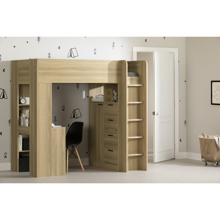Natural Twin Loft Bed with Desk and Storage Drawers
