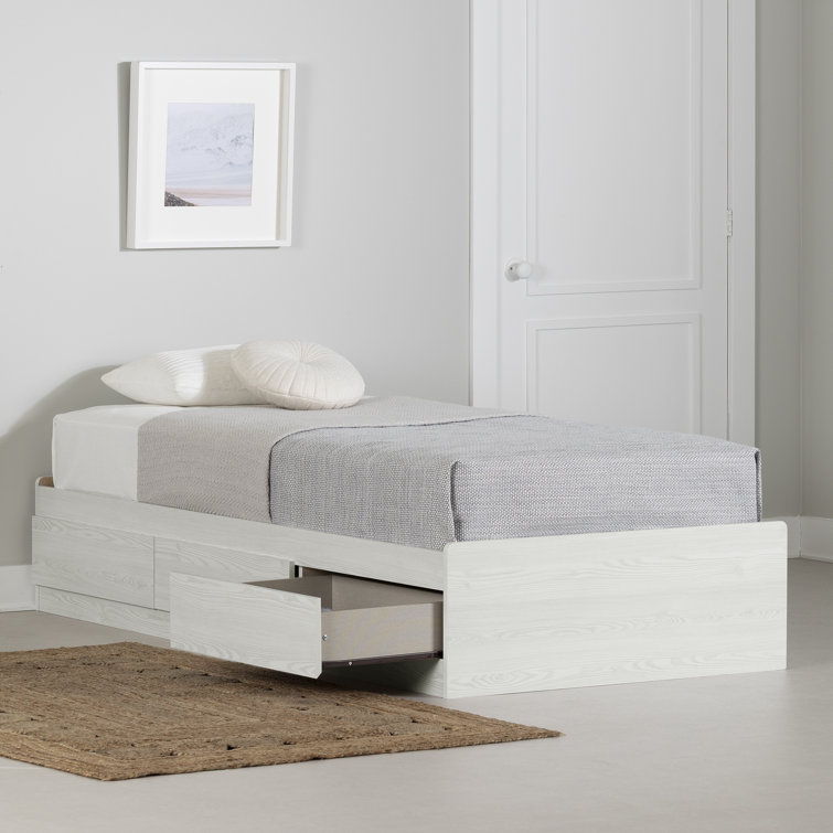 White Twin Wood Frame Platform Bed with Storage Drawers