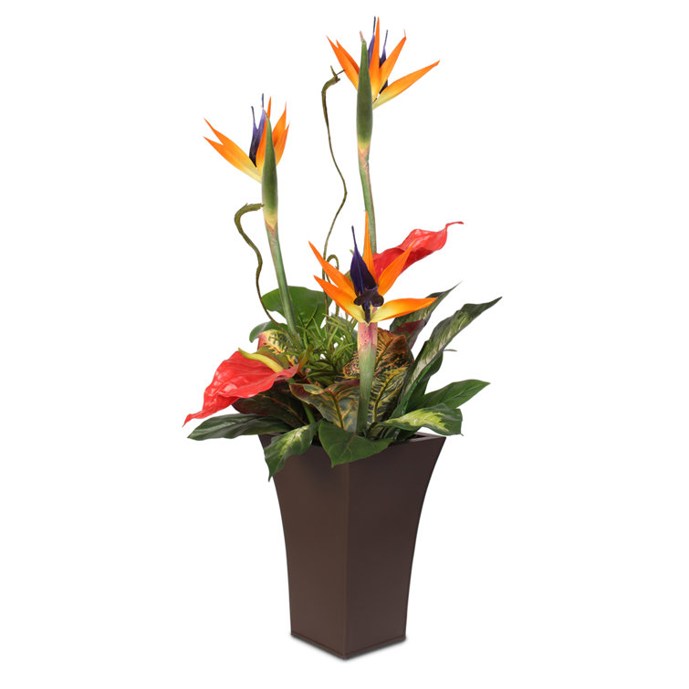 Tall Modern Silk Bird of Paradise and Anthurium Floral Arrangement in Brown Planter