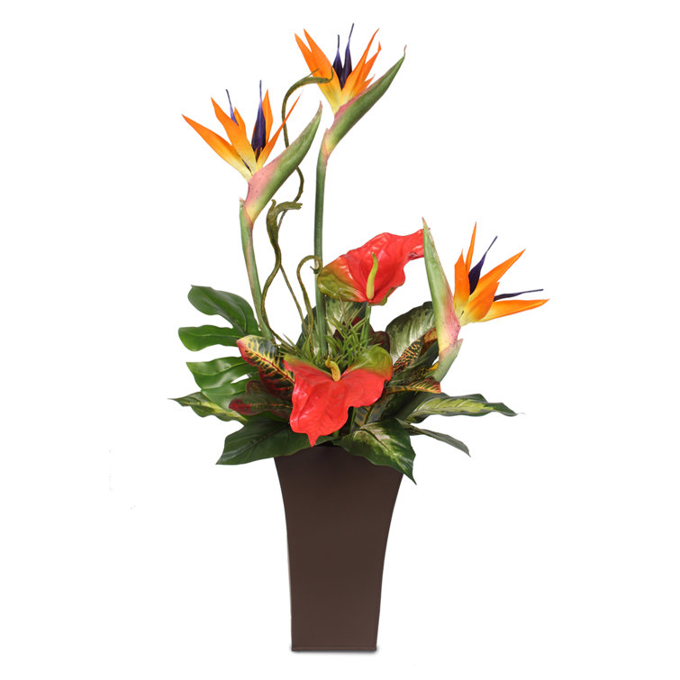 Tall Modern Silk Bird of Paradise and Anthurium Floral Arrangement in Brown Planter