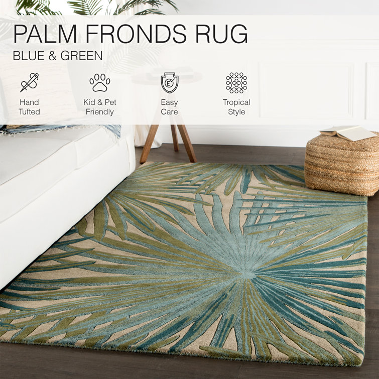 Palmetto Tropical Bliss Hand-Tufted Blue Wool Rectangular Rug