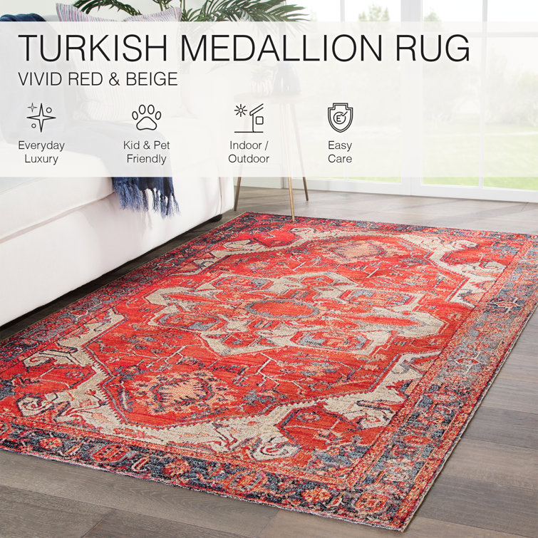 Red and Beige Stain-Resistant Synthetic Rectangular Rug