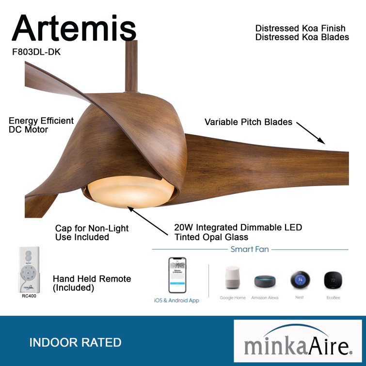 58'' Distressed Koa Smart Ceiling Fan with LED Light and Remote
