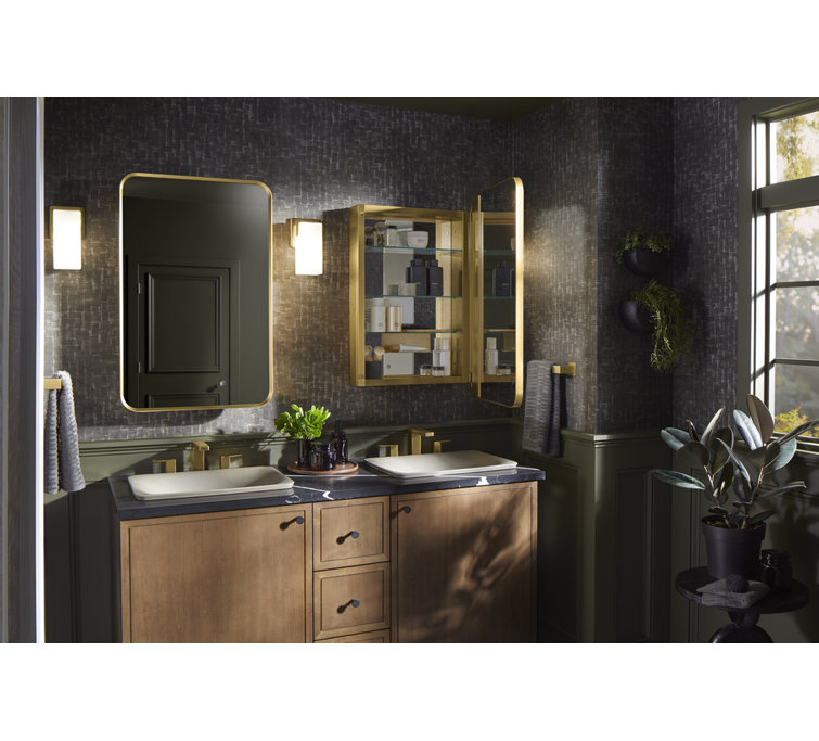 Moderne Brushed Gold Rectangular Framed Medicine Cabinet with Mirror