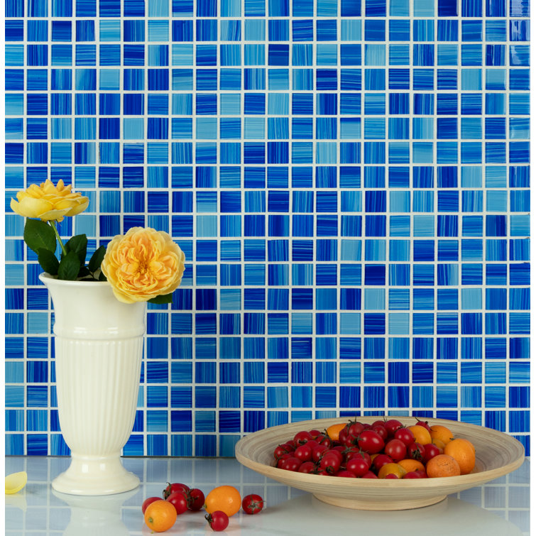 True Blue 12" x 12" Hand-Painted Glass Mosaic Tile