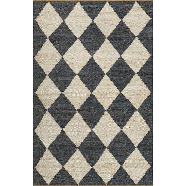 Charcoal and Beige Diamond Pattern Flat Woven Jute Rug, 8' x 10'