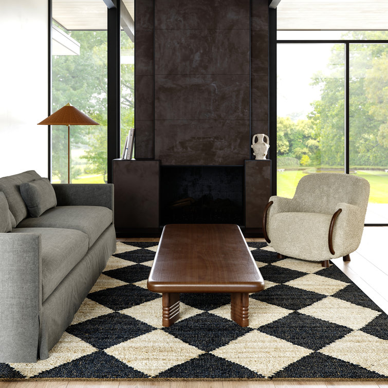 Charcoal and Beige Diamond Pattern Flat Woven Jute Rug, 8' x 10'