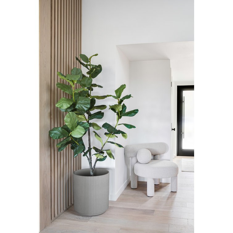 Demi 20" Gray Plastic-Stone Round Planter with Fluted Edges