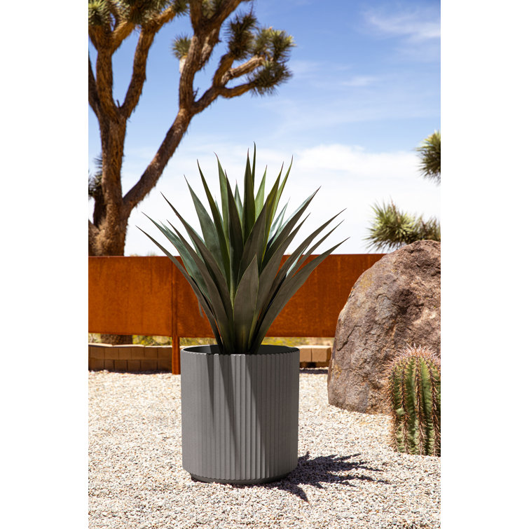 Demi 20" Gray Plastic-Stone Round Planter with Fluted Edges