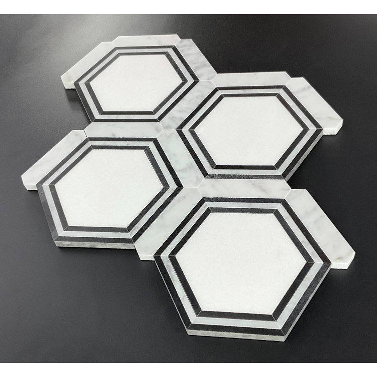 Polished White and Black Marble Hexagon Mosaic Tile