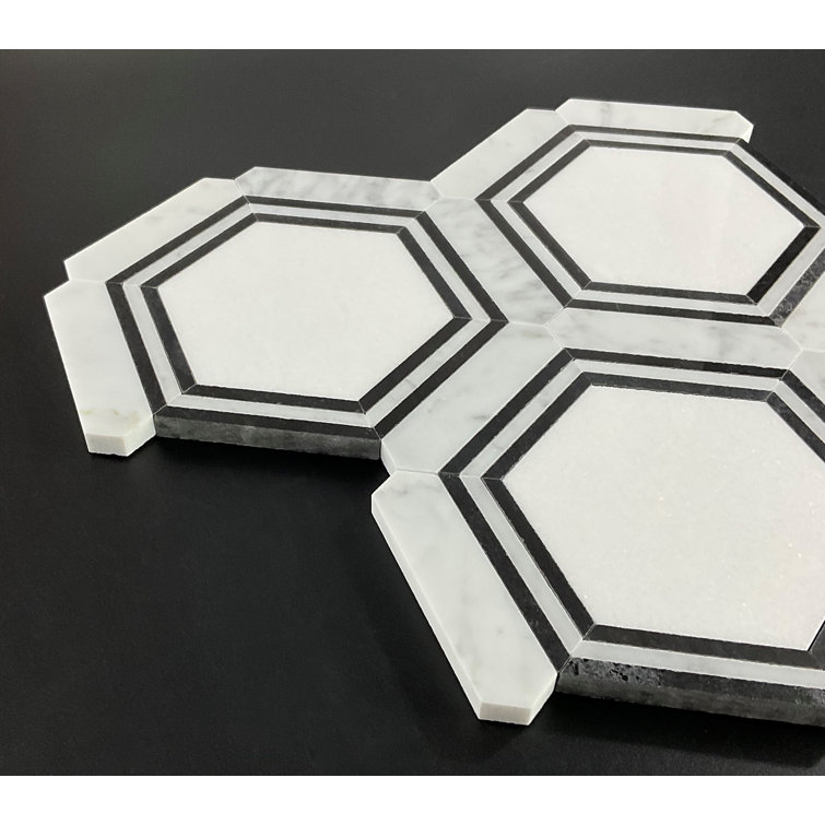 Polished White and Black Marble Hexagon Mosaic Tile