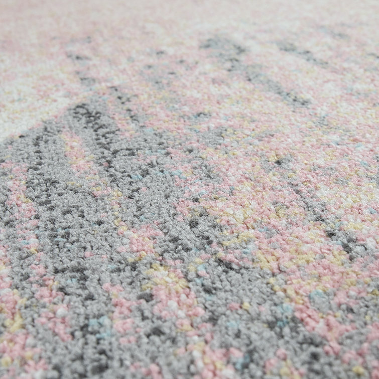 Gray and Pink Rectangular Abstract Synthetic Rug