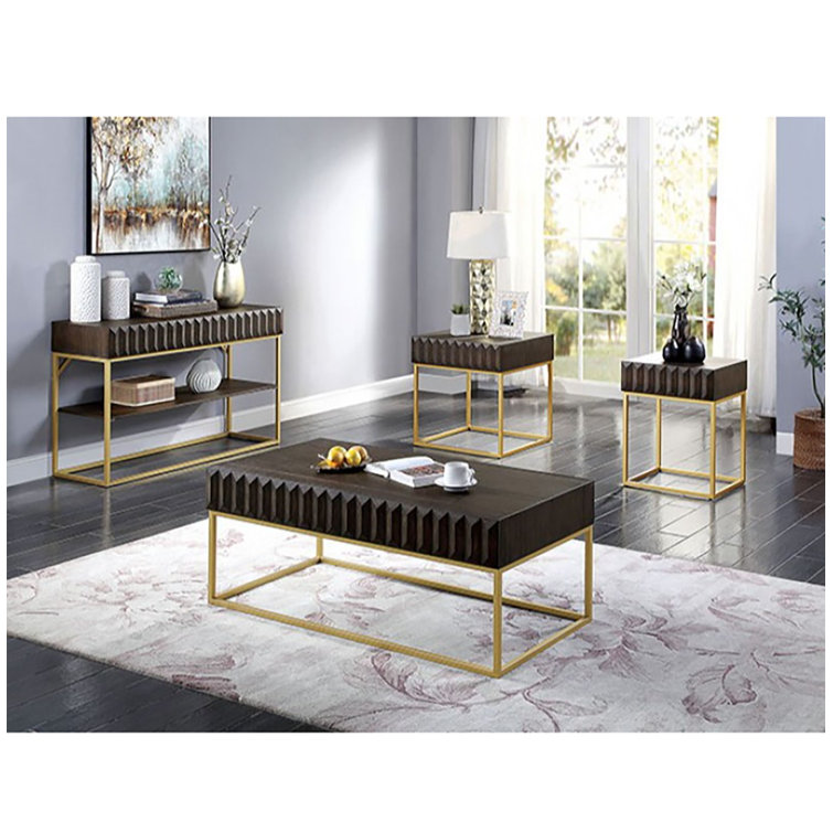 Walnut and Gold Rectangular Coffee Table with Storage