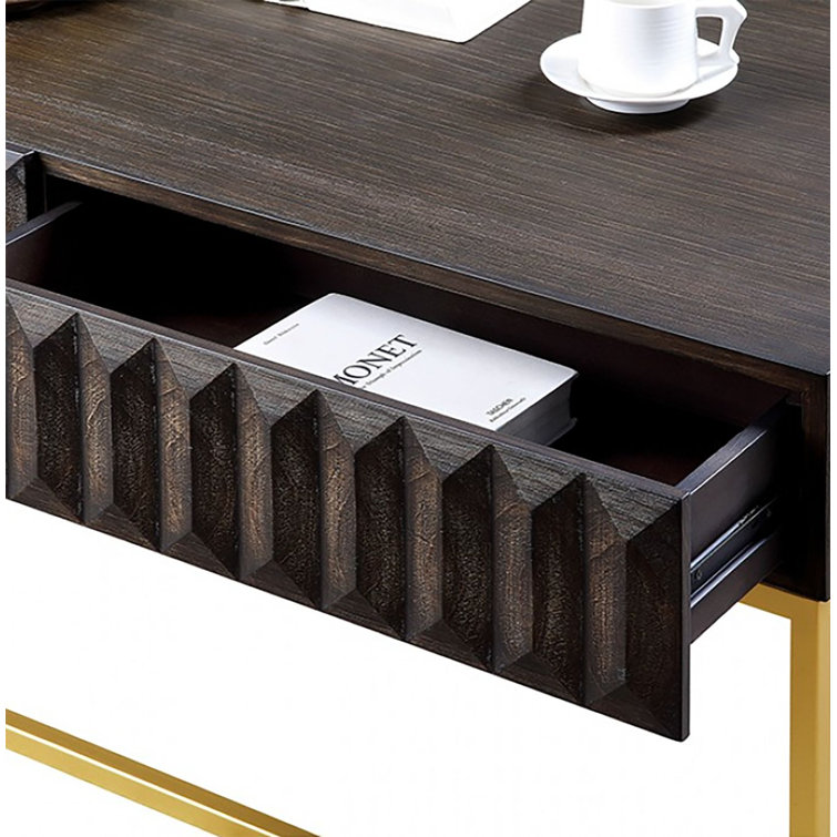 Walnut and Gold Rectangular Coffee Table with Storage