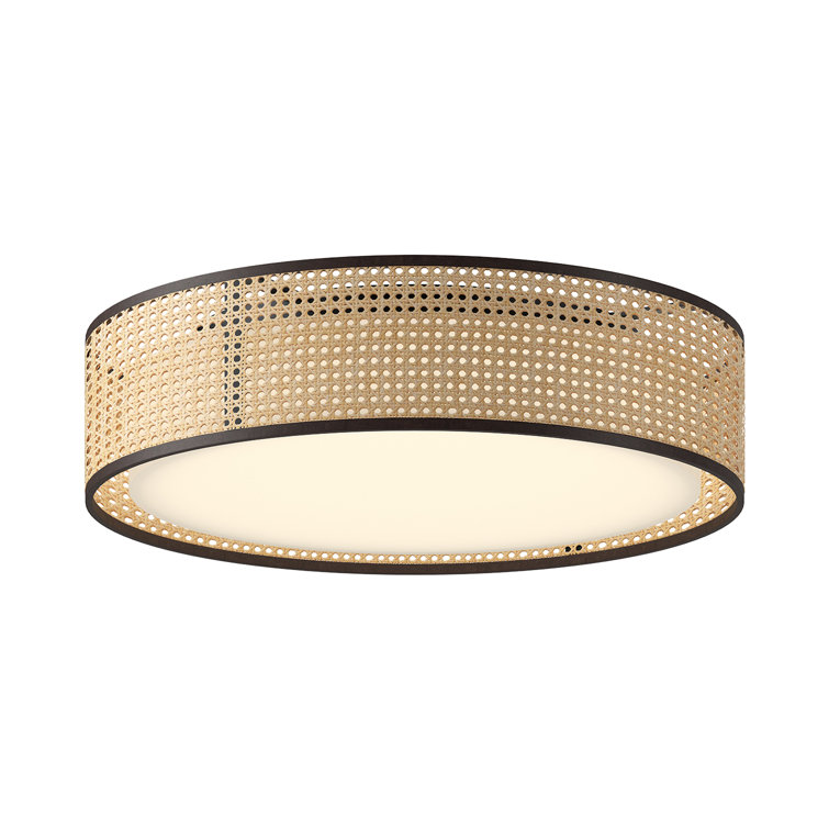 Lyla Natural Cane and Black Metal LED Drum Flush Mount