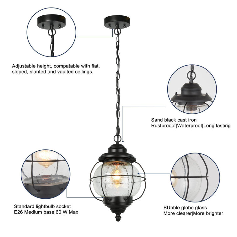 Matte Black Aluminum Globe Outdoor Pendant Light