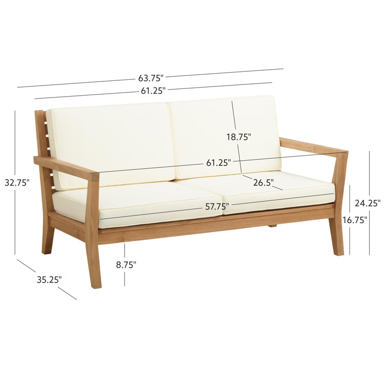 Natural Teak Wood Outdoor Loveseat with White Cushions
