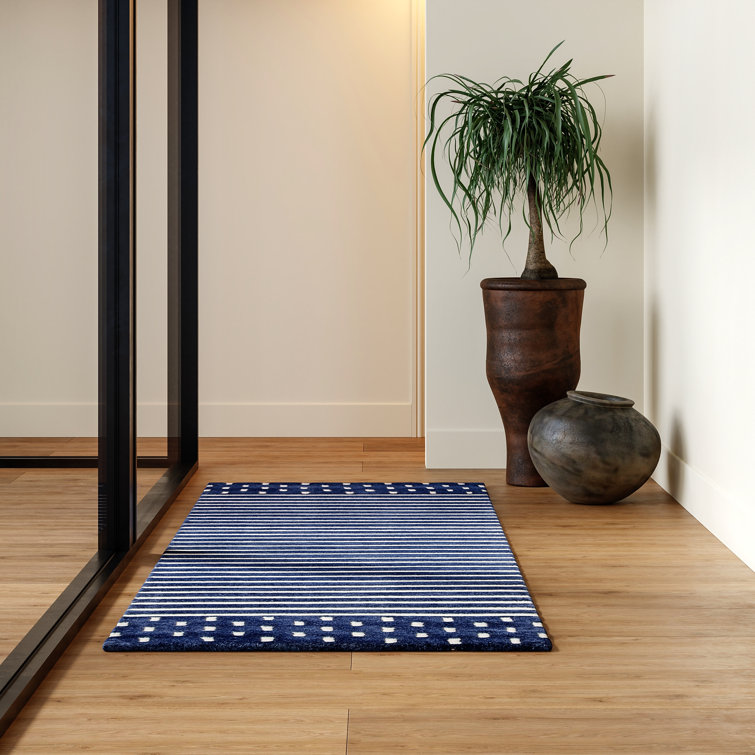 Mandia Navy Striped Hand-Tufted Wool Runner Rug, 2' 6" x 8'