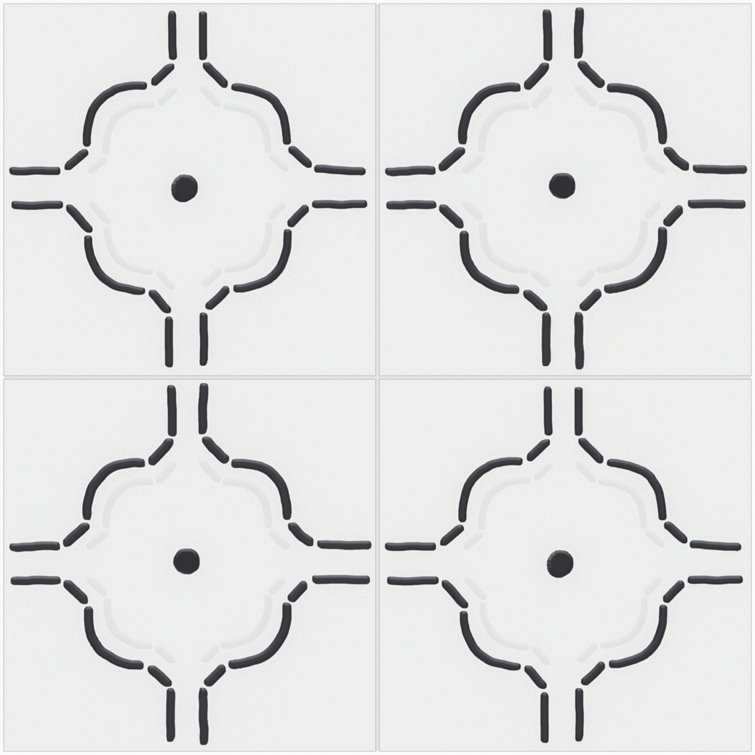 Kenzo 8" x 8" White and Black Porcelain Patterned Tile