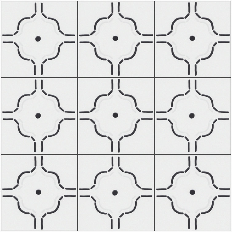 Kenzo 8" x 8" White and Black Porcelain Patterned Tile