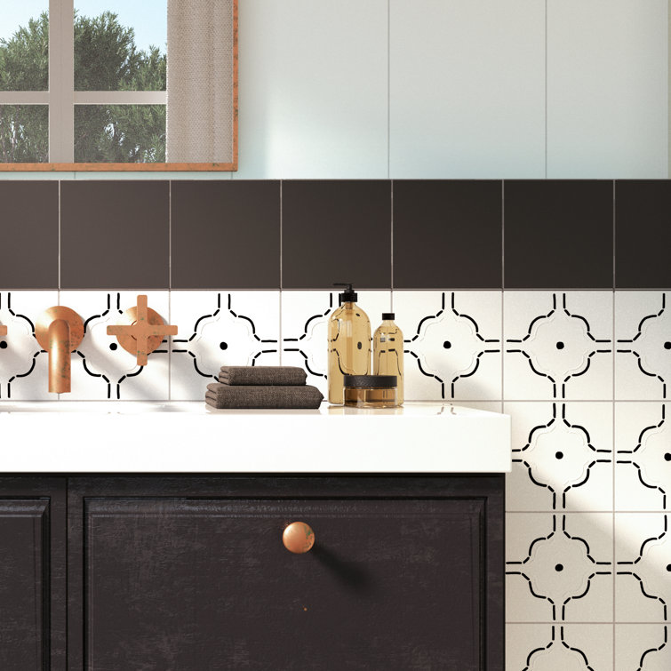 Kenzo 8" x 8" White and Black Porcelain Patterned Tile