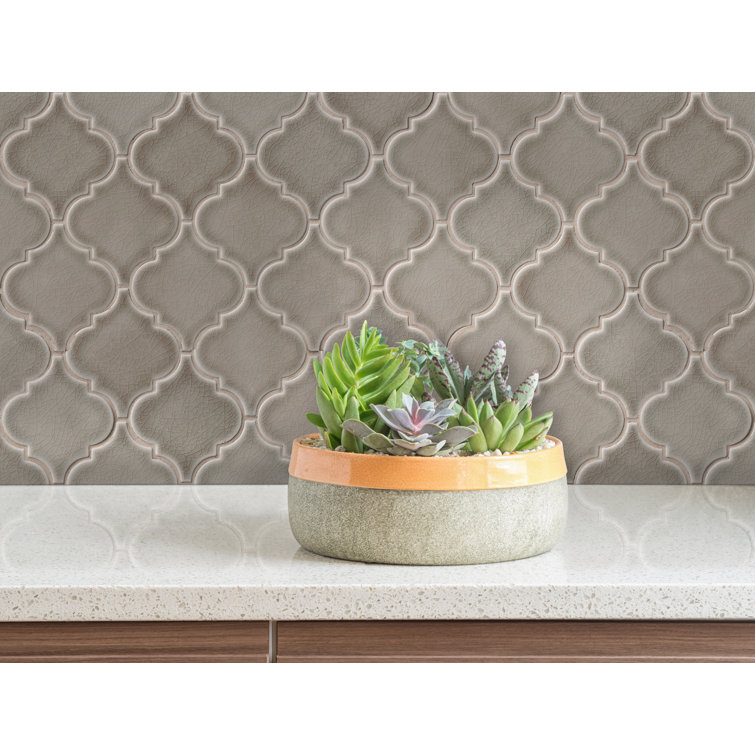 Dove Gray Glossy Ceramic Arabesque Mosaic Tile Sheet