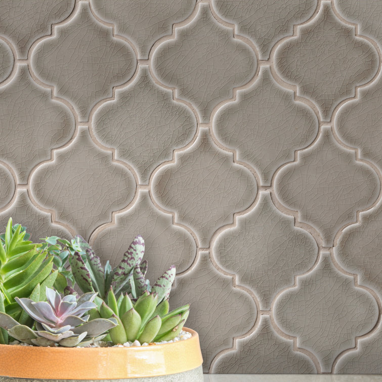 Dove Gray Glossy Ceramic Arabesque Mosaic Tile Sheet